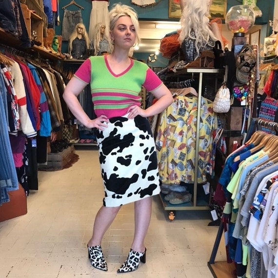 Vintage Cow Print Velvet Skirt / 1990s Pencil Skir