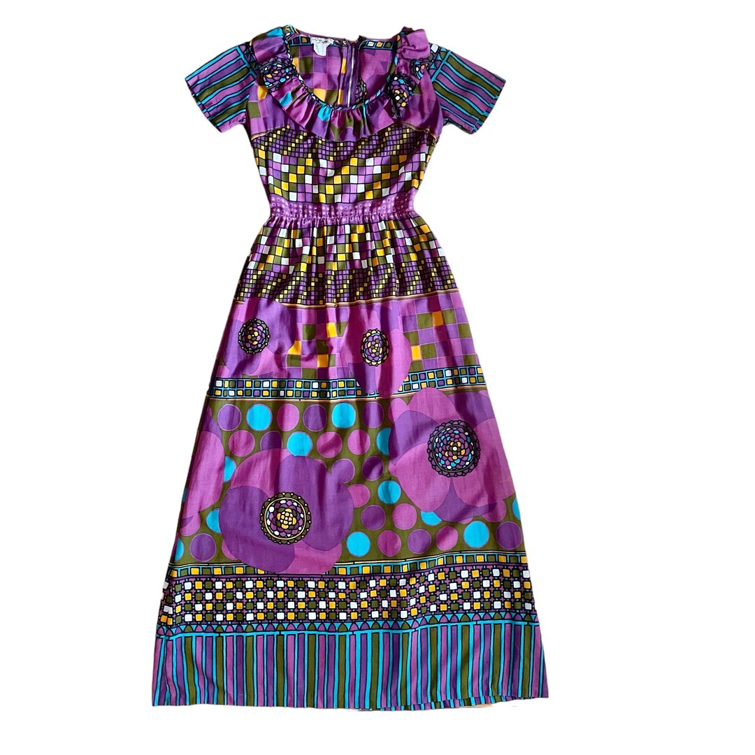 Vintage Bohemian Maxi Dress W/ Psychedelic Floral Pattern / 1970s Boho ...