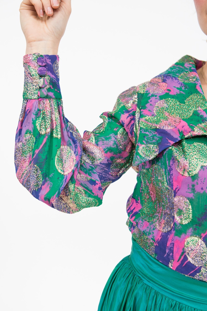 Rainbow Silk /& Gold Lame Psychedelic 70s Blouse w LARGE Lapels Size S