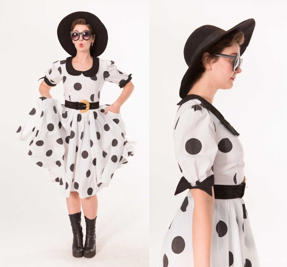Polka Dot Party Frock / 1980s Monochrome Western D