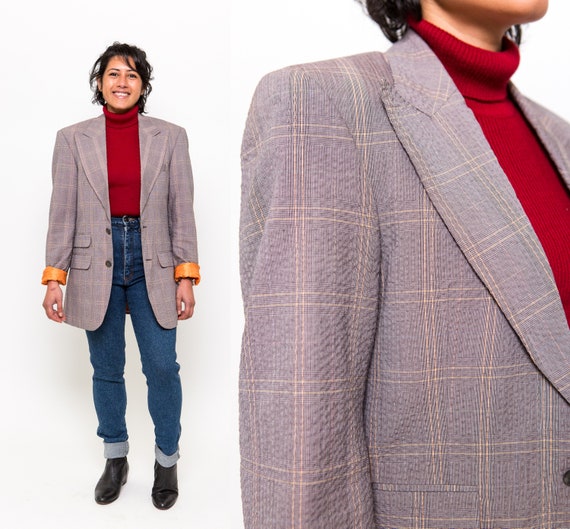Vintage Plaid Blazer / 1990s Grey Suit Jacket / S… - image 1