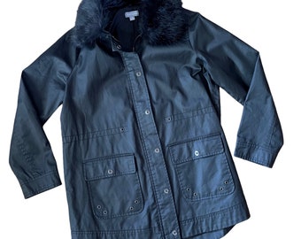vintage Black Windbreaker Spray Jacket w Faux Fur Collar / 1990s Long Multi Purpose All Seasons Coat / Taille M