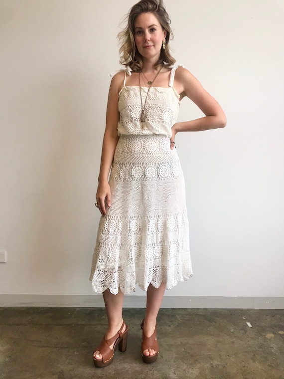 Retro Crochet Summer Dress / 1970s / White Summer