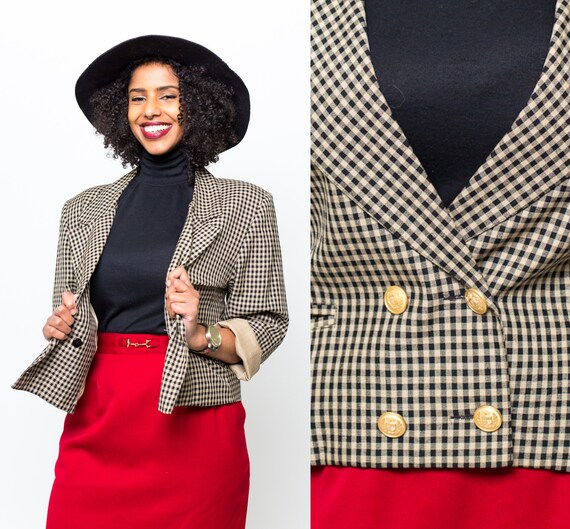 Vintage Gingham Blazer / Preppy Cropped Box Cut /
