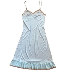 Vintage Pastel Blue Slip Dress With Lace Trim / 1970&#39;s Retro Lingerie Night Dress / Shiny Baby Blue Size M - L