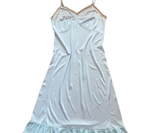 Vintage Pastel Blue Slip Dress With Lace Trim / 1970's Retro Lingerie Night Dress / Shiny Baby Blue Size M - L
