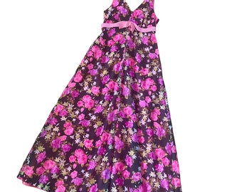 Delightful Hot Pink Floral Retro Gown / 1960s Maxi Dress / Size S-M