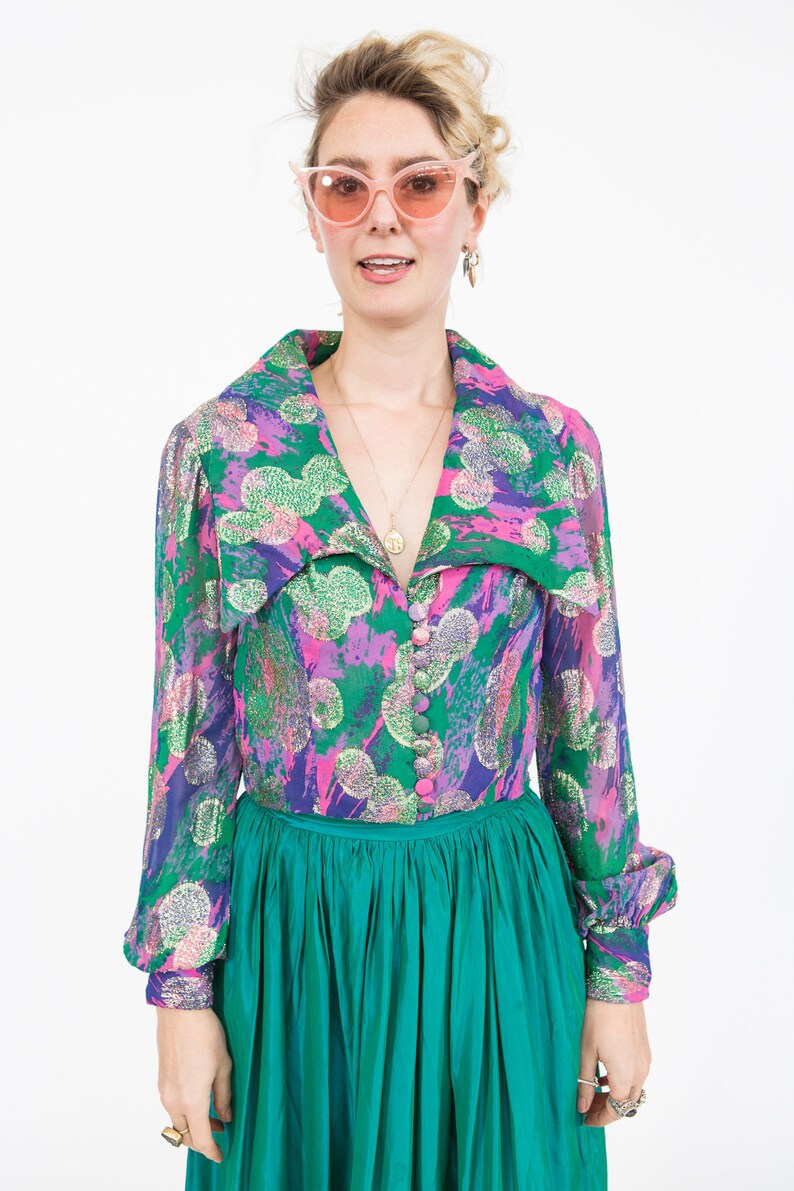 Rainbow Silk /& Gold Lame Psychedelic 70s Blouse w LARGE Lapels Size S