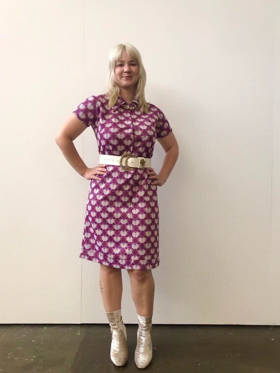Vintage Retro Pattern Purple Dress / 1970s / Overs