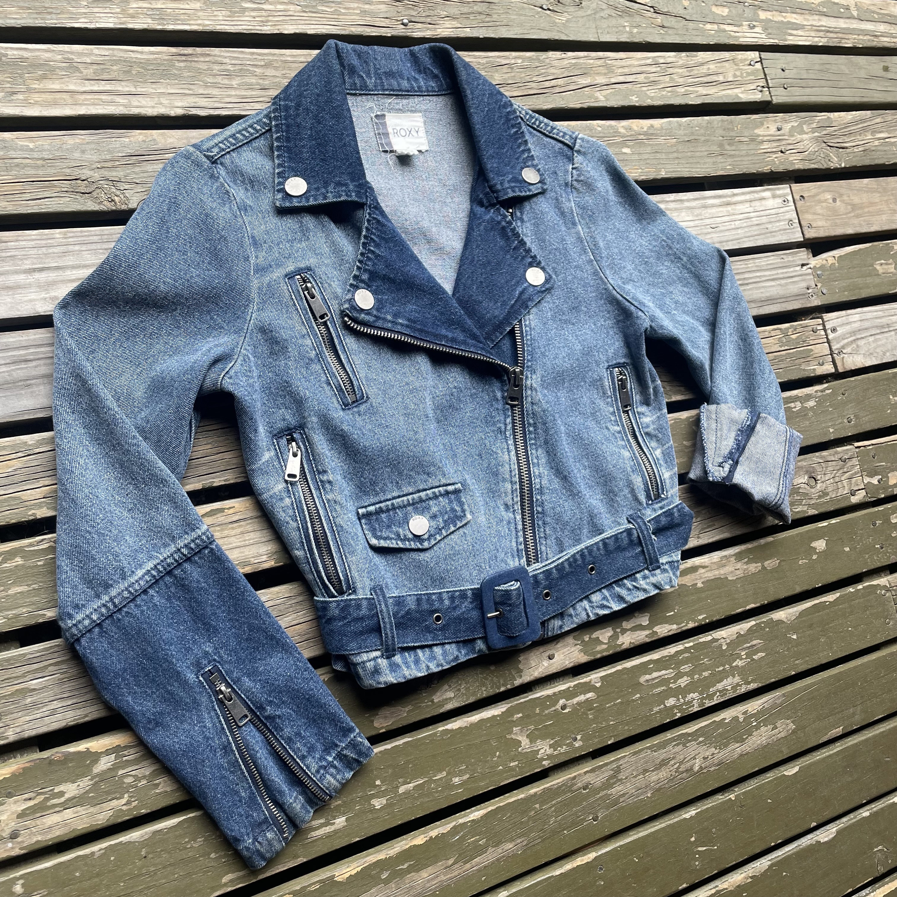 Vintage Biker Jean Jacket / Modern Motorcycle Style Crop