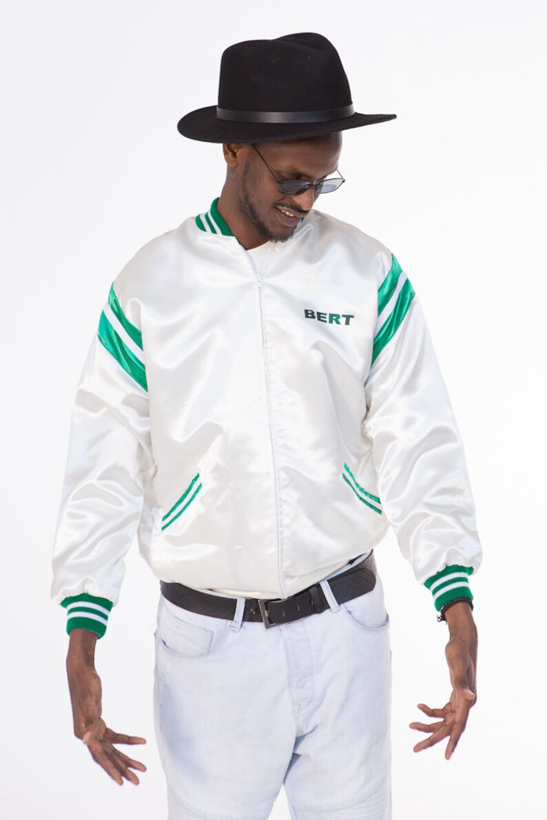 Bert/'s Varsity Jacket White Satin 1970s Size M