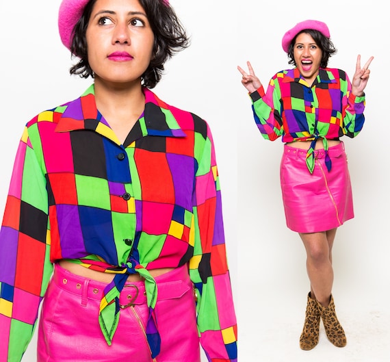 Vintage Rainbow Check Tie Up Blouse / Fran Fine Th