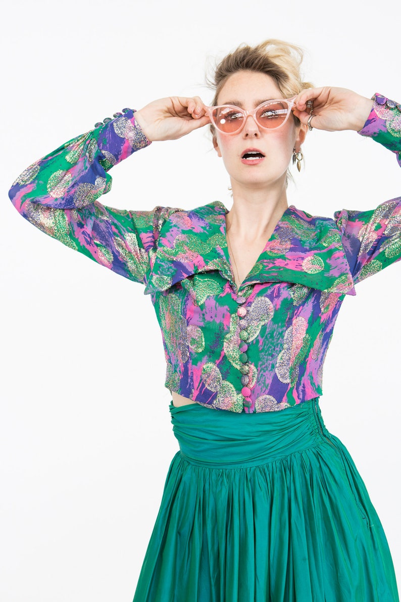 Rainbow Silk /& Gold Lame Psychedelic 70s Blouse w LARGE Lapels Size S