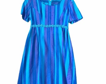 Vintage Retro Raw Silk Blue Stripe Mod Dress / 1960s Baby Doll / Daisy Sequin Detail / Size S