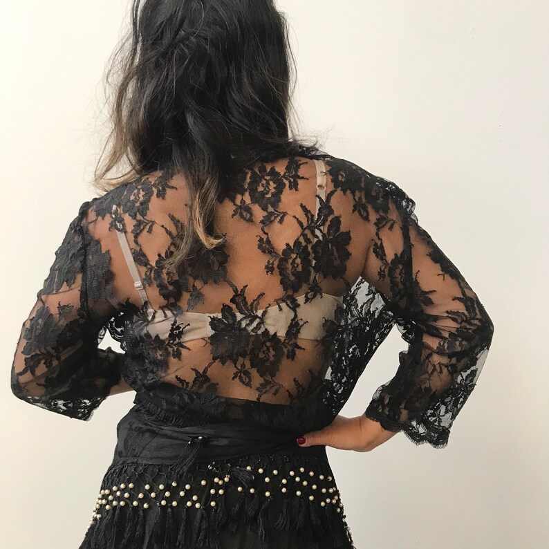 Black Lace Blouse 1990s Sheer Ruffled Shirt Size 12