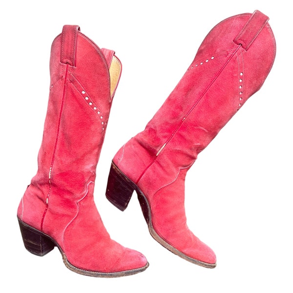 Vintage Pink Suede Leather Cowboy Boots / Western Cowgirl Heels / 1970s Justin / Distressed Boho Grunge / Size 7-7.5