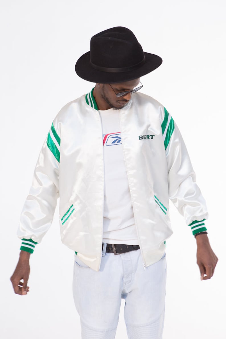 Bert/'s Varsity Jacket White Satin 1970s Size M