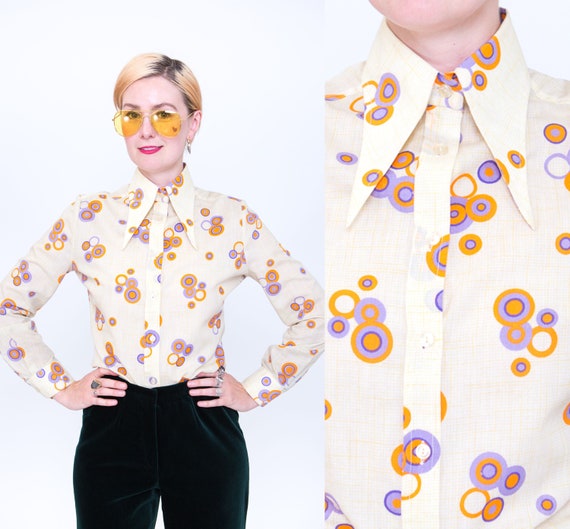 Retro Circle Pattern Shirt / 1970s Large Collar Bl