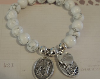 St Raphael Healing Bracelet: White Howlite Gemstone, Archangel Michael Medal