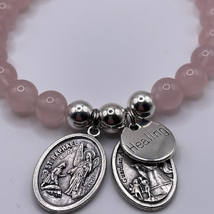 St Raphael Healing Bracelet, Rose Quartz, Guardian Angel Charm image 1