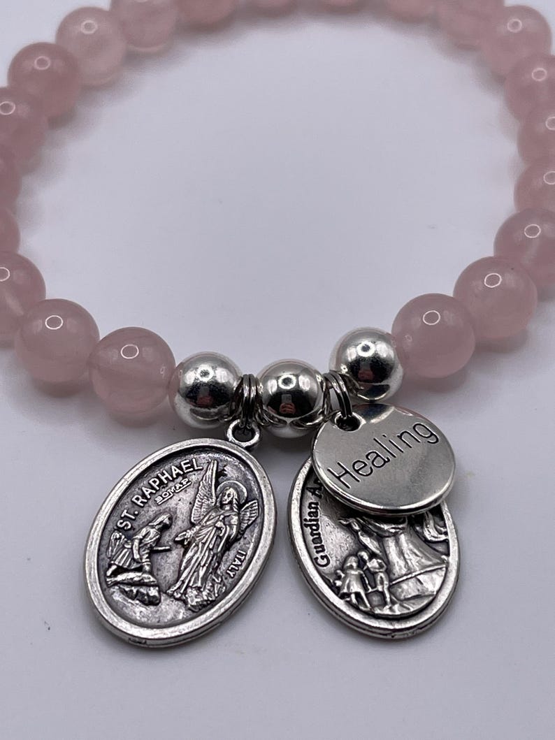 St Raphael Healing Bracelet, Rose Quartz, Guardian Angel Charm image 1