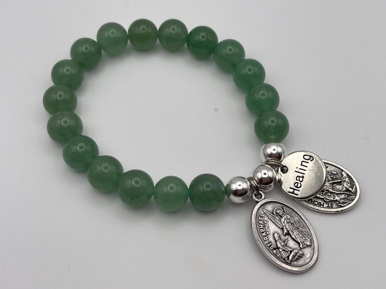 St Raphael Green Aventurine Healing Bracelet, St Michael Guardian Angel Medal image 1