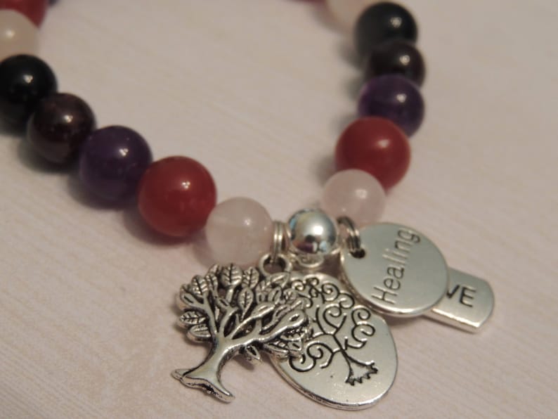 Powerful Healing Gemstone Bracelet-Carnelian-Amethyst-Garnet-Black Onyx-Tree of Life-Healing Believe Charms