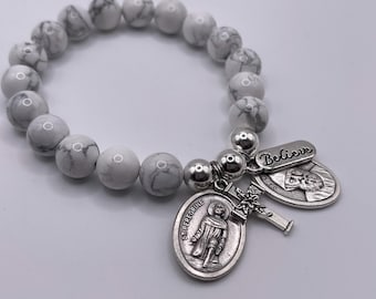 St Peregrine & Charbel Medal Bracelet: Howlite Crystal, Patron Saint of Cancer Patients