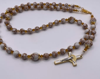 Howlite Crystal Rosary Beads: Mary Centre, Enamel Crucifix, Prayer beads