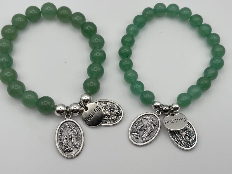 St Raphael Green Aventurine Healing Bracelet, St Michael Guardian Angel Medal image 3