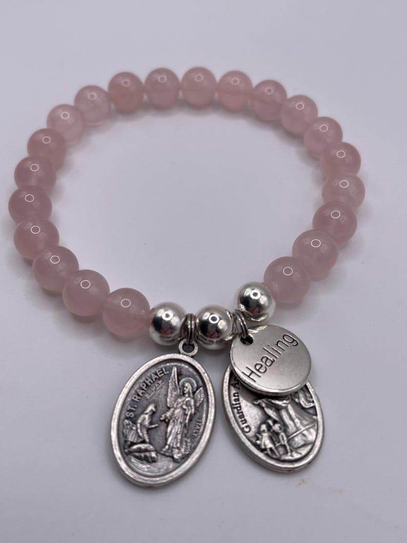 St Raphael Healing Bracelet, Rose Quartz, Guardian Angel Charm image 3