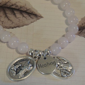 St Raphael Archangel Healing Saint, Rose Quartz Crystal Gemstone Bracelet, Guardian Angel Medal, St Michael Archangel & Healing Charm Gift