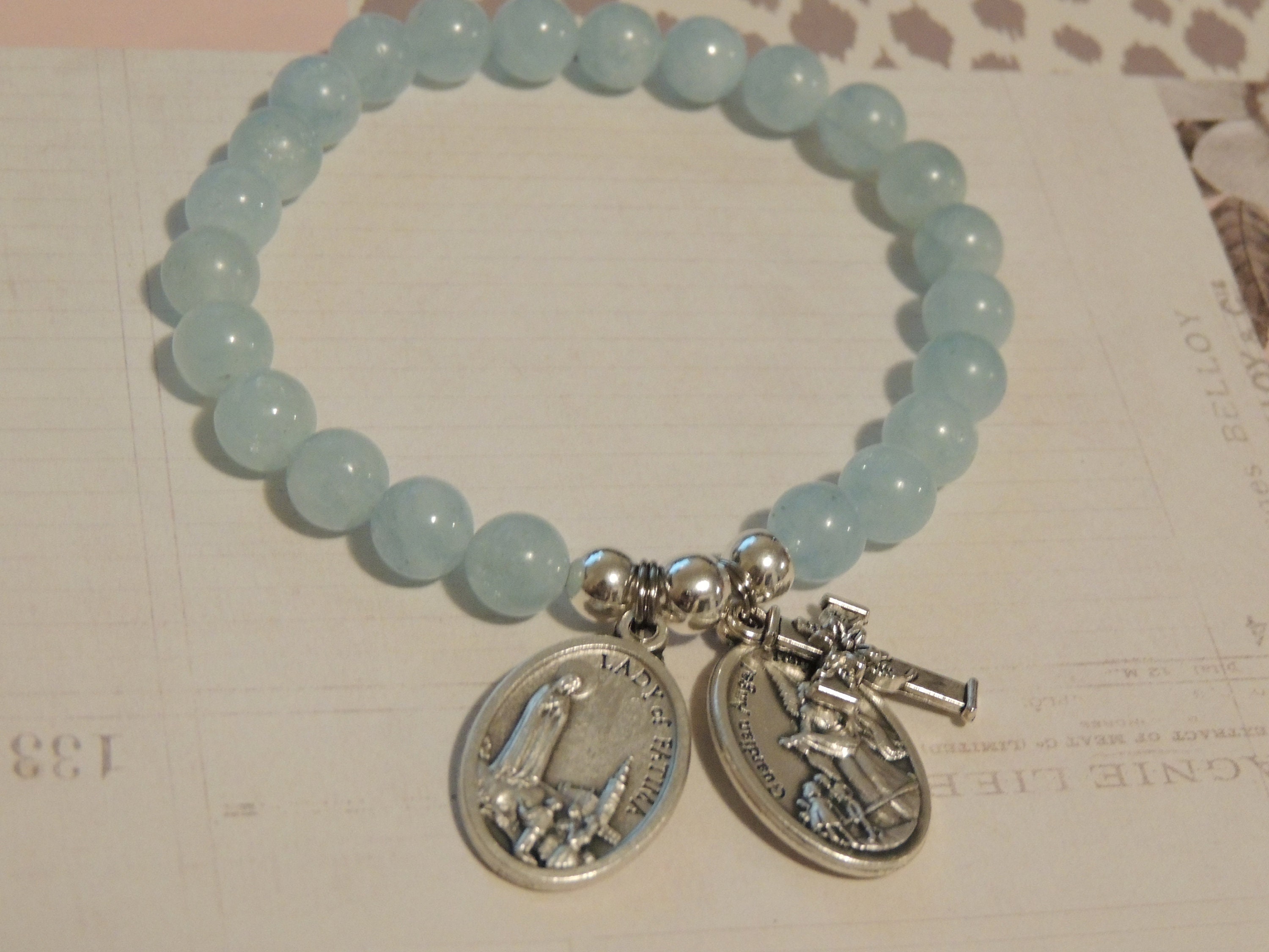 Our Lady of Fatima Bracelet: Aquamarine Gemstone, Guardian Angel 