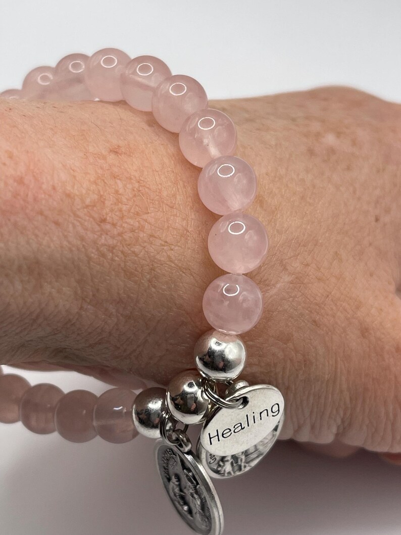 St Raphael Healing Bracelet, Rose Quartz, Guardian Angel Charm image 6