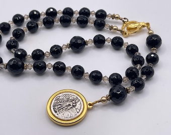 St Michael Three Decade Rosary Beads, Black Gemstone, Gold tone Medal