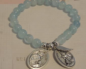 Aquamarine Crystal Bracelet: St Gabriel Medal, Angel Wing Charm