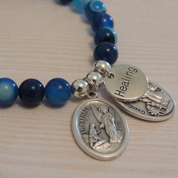 St Raphael Archangel Healing Saint, Blue White Agate Crystal Gemstone Bracelet, Guardian Angel Medal, St Michael Archangel & Healing Charm