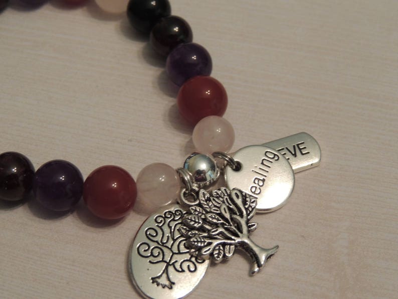 Powerful Healing Gemstone Bracelet-Carnelian-Amethyst-Garnet-Black Onyx-Tree of Life-Healing Believe Charms