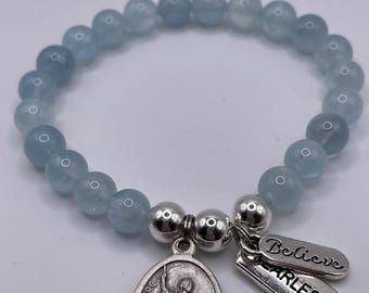 Saint Joan of Arc Medallion Bracelet: Aquamarine Gemstone, Fearless Charm