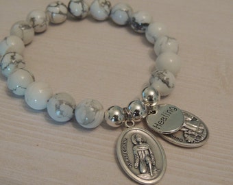 St Peregrine Medal, Patron Saint of Cancer Patients, Calming White Howlite Gemstone Bracelet, St Michael & Guardian Angel, Healing Charm