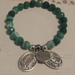 St Raphael Archangel Healing Saint, Green White Faceted Agate Crystal Gemstone Bracelet, Guardian Angel, St Michael Archangel, Healing Charm