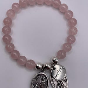 St Raphael Healing Bracelet, Rose Quartz, Guardian Angel Charm