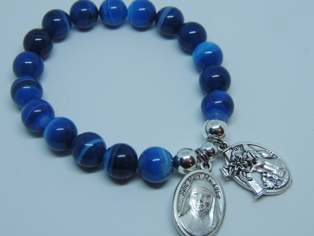 Saint Mary Mackillop & Guardian Angel / Cherub Medal With Floral Cross Charm, 10mm Blue Agate