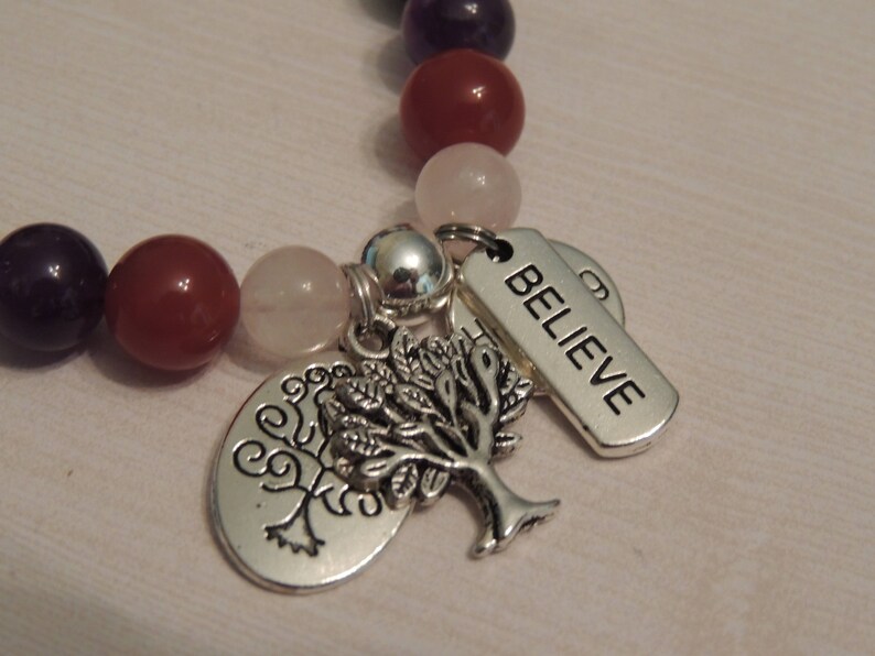 Powerful Healing Gemstone Bracelet-Carnelian-Amethyst-Garnet-Black Onyx-Tree of Life-Healing Believe Charms