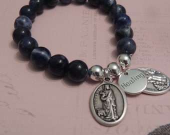 Santa Águeda, patrona del cáncer de mama, con amuleto curativo de ángel de la guarda, pulsera de piedra preciosa de sodalita