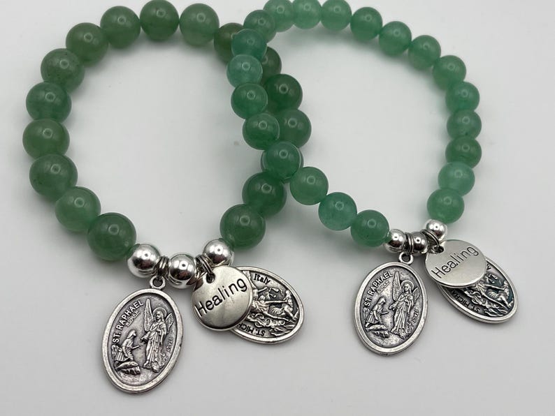 St Raphael Green Aventurine Healing Bracelet, St Michael Guardian Angel Medal image 7