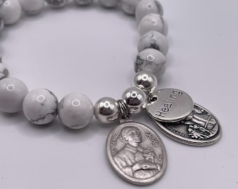 Saint Gemma Howlite Gemstone Bracelet with Guardian Angel Medal