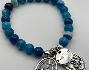 St Raphael Healing Bracelet: Blue Agate, Guardian Angel Medal
