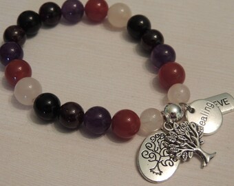 Powerful Healing Gemstone Bracelet-Carnelian-Amethyst-Garnet-Black Onyx-Tree of Life-Healing- Believe Charms