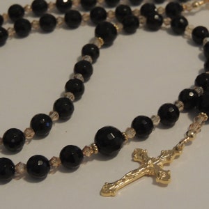 Black Crystal Rosary Beads: Gold Tone Cross, Catholic Prayer Beads